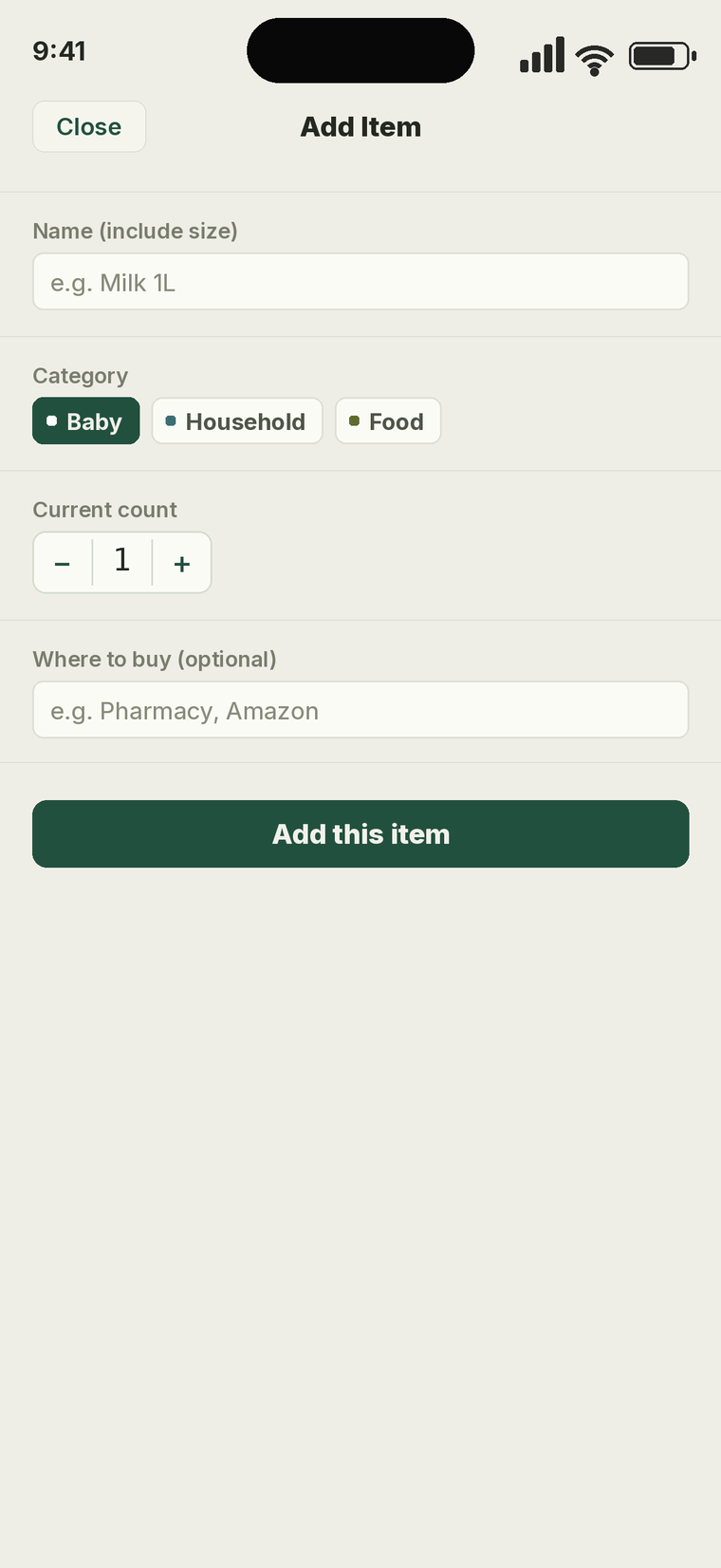 Adding an item with a name, count and category