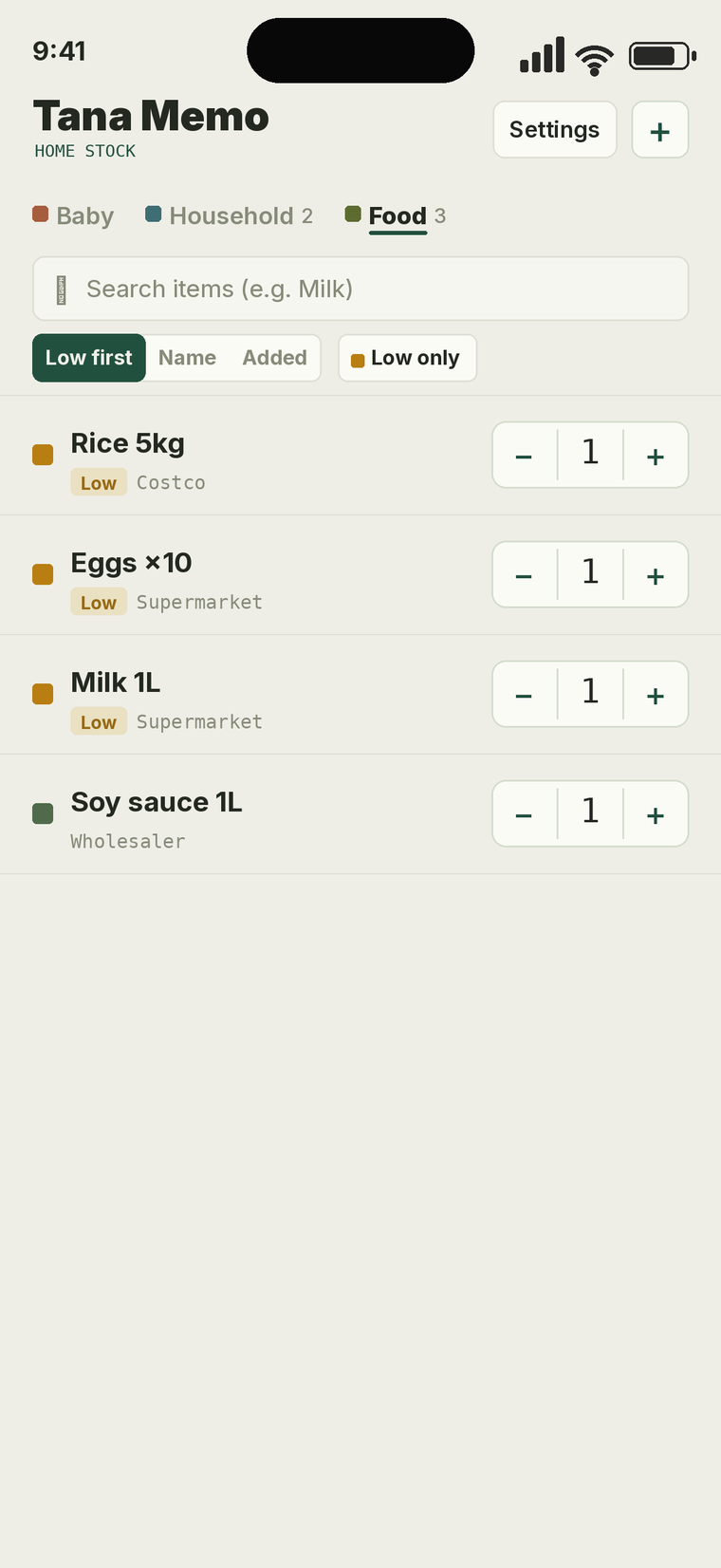 Food category sorted with low items shown in amber
