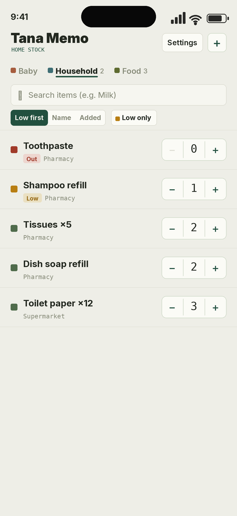 Tana Memo home screen showing household stock with color-coded levels